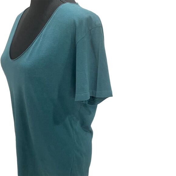 ZARA Cotton V-Neck T-Shirt Teal Short Sleeve Curved Hem Unisex Adult Size M - Picture 5 of 8